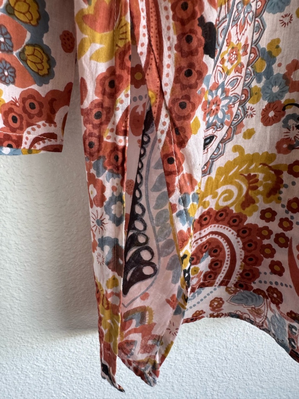 Lightweight Cotton Block Print Tunic Split Hem V Neck Paisley Print Earth Tones - Picture 6 of 9
